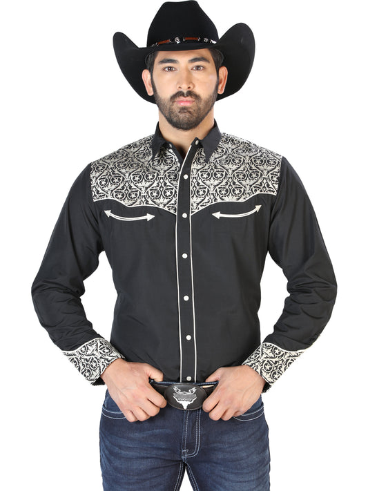 Señor de los Cielos Mens Embroidery Shirt - Black/Beige