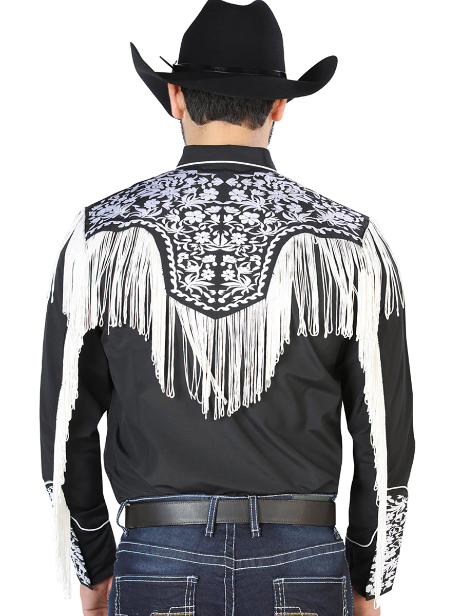 El Señor de los Cielos Mens Embroidered and Fringe Shirt - Black/White