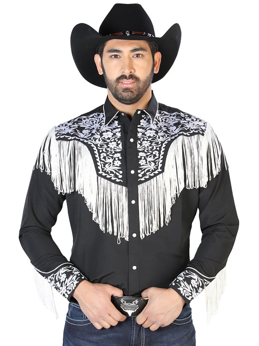 El Señor de los Cielos Mens Embroidered and Fringe Shirt - Black/White