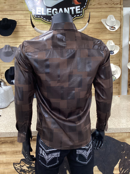Mens Geomatric Satin Long Sleeve Shirt - Black and Brown