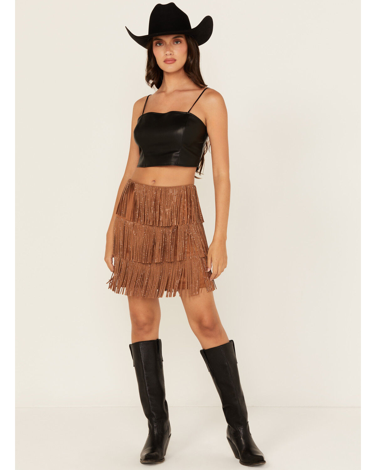 Fornia Women’s rhinestone  Fringe Faux Suede mini skirt