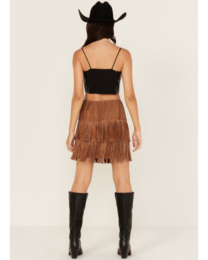 Fornia Women’s rhinestone  Fringe Faux Suede mini skirt