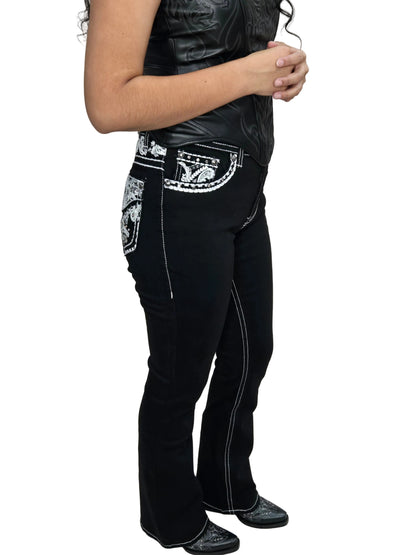 Lamasini Womens Black Silver Scroll Embroidered Bootcut Jean L763