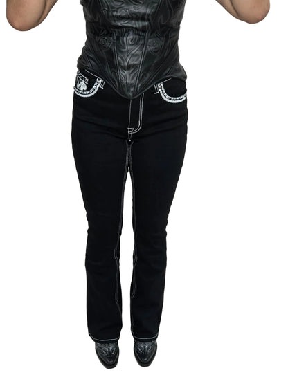 Lamasini Womens Black Silver Scroll Embroidered Bootcut Jean L763