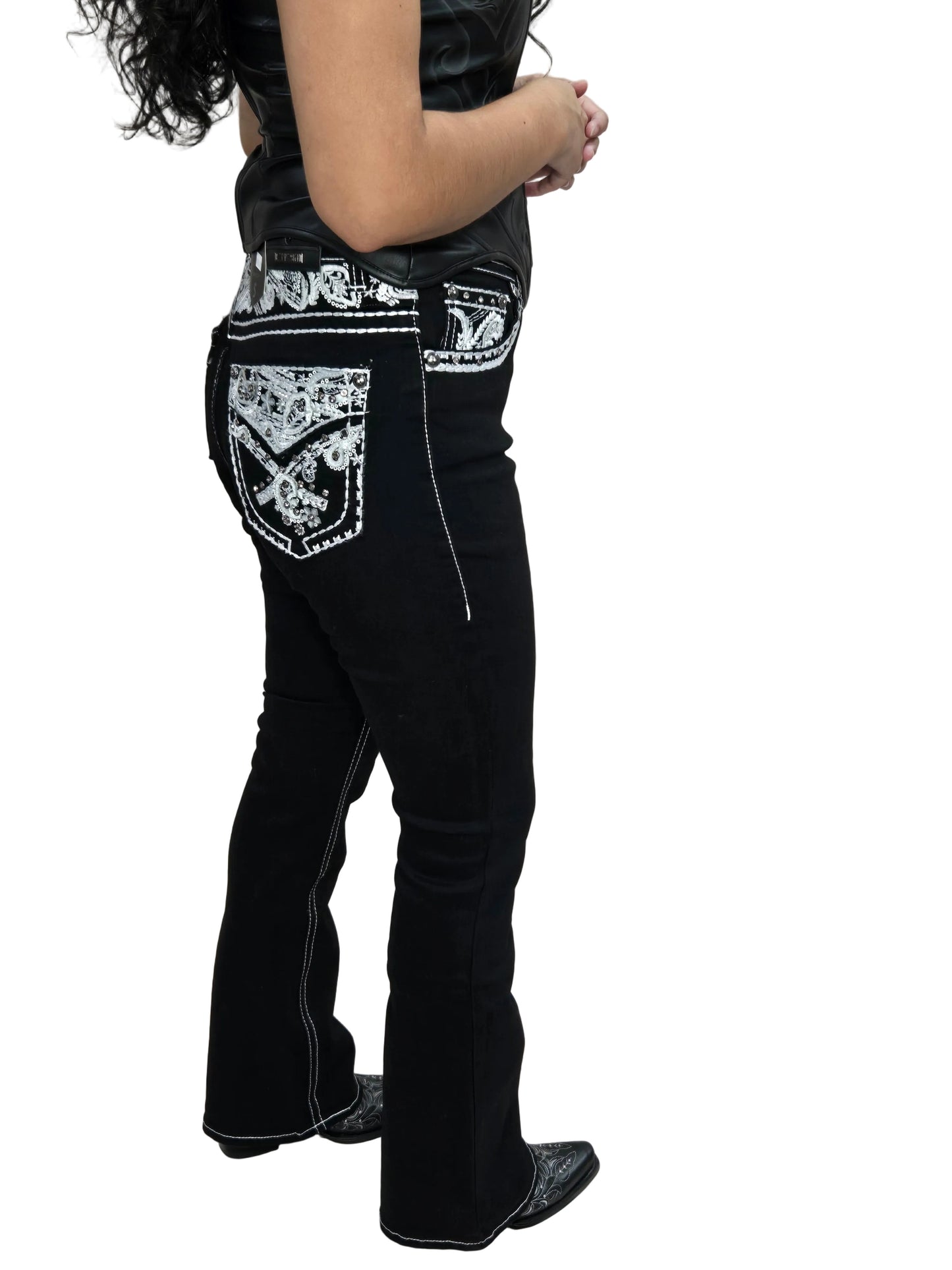 Lamasini Womens Black Silver Scroll Embroidered Bootcut Jean L763