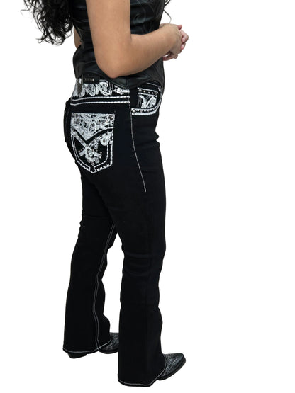 Lamasini Womens Black Silver Scroll Embroidered Bootcut Jean L763