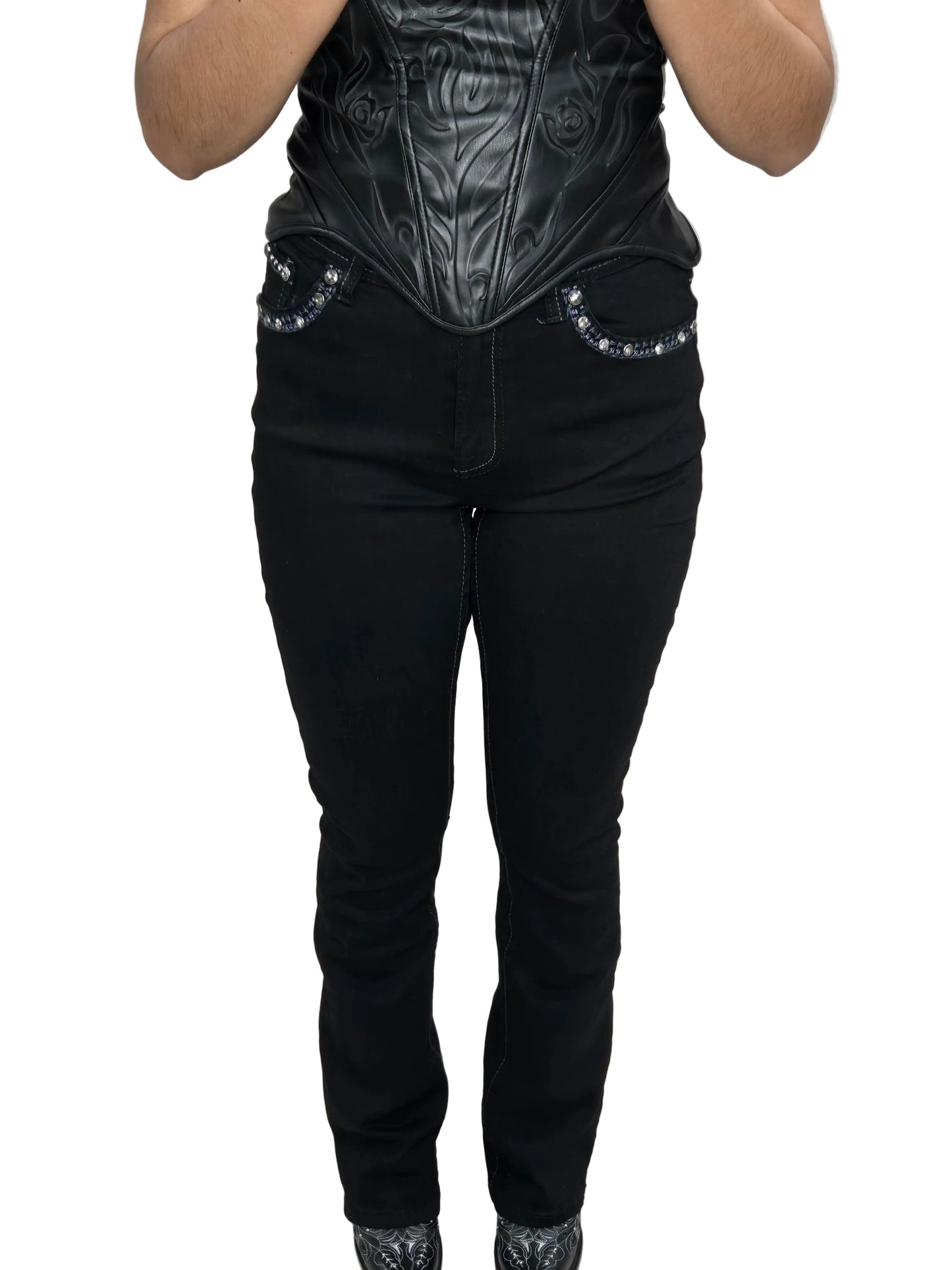 Lamasini Womens Black Bling Crown Bootcut Jean L765 - Blue-Green Studded Pocket)