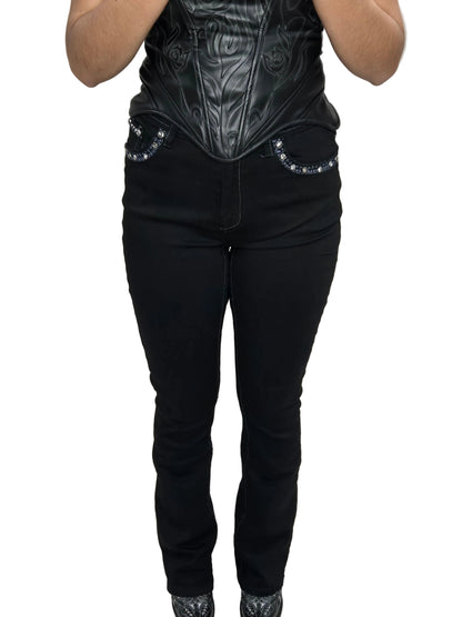 Lamasini Womens Black Bling Crown Bootcut Jean L765 - Blue-Green Studded Pocket)