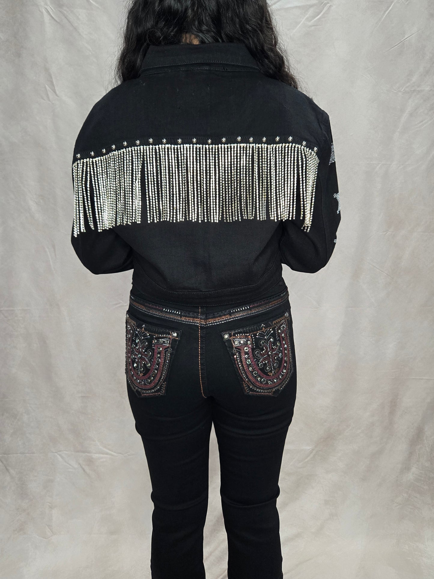 Womens Rhinestone Fringe Jacket w/ Star and Horse-show Rhinestones
