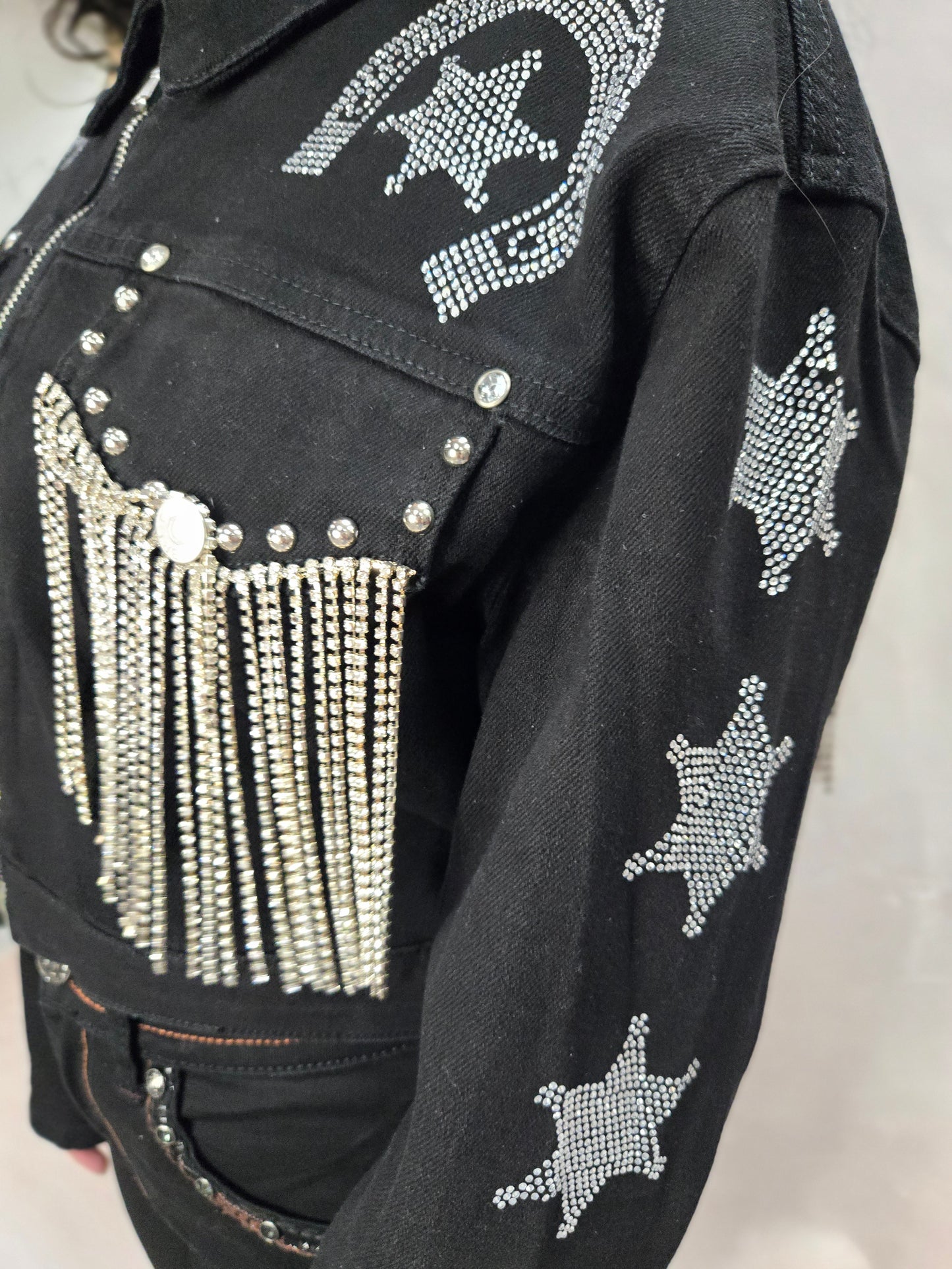Womens Rhinestone Fringe Jacket w/ Star and Horse-show Rhinestones