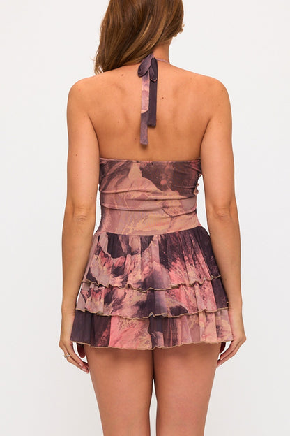 Lovely Womens Halter Flare Mesh Mini Dress