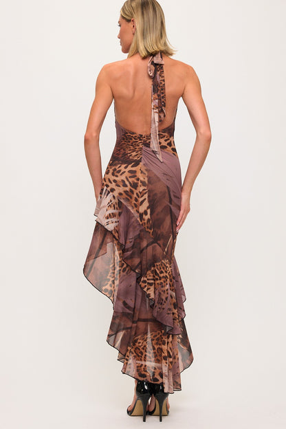 Lovely Womens Leapord Halter Top Mesh Maxi Dress
