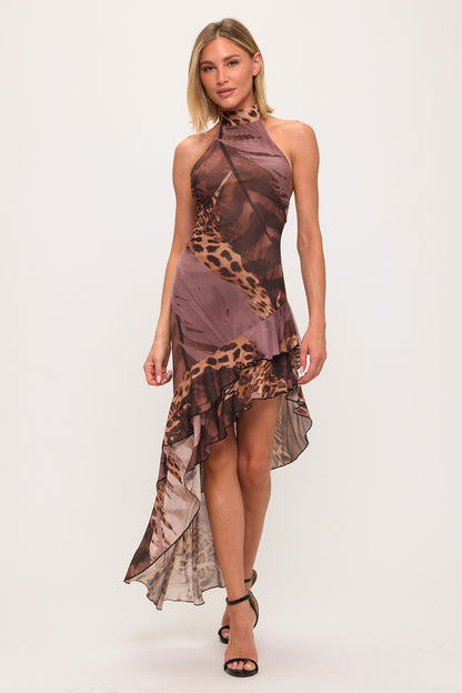 Lovely Womens Leapord Halter Top Mesh Maxi Dress