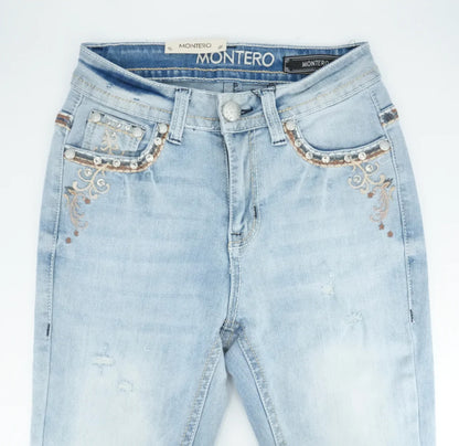 Montero Womens Bling Pocket Bootcut Jean D849 - Light Blue
