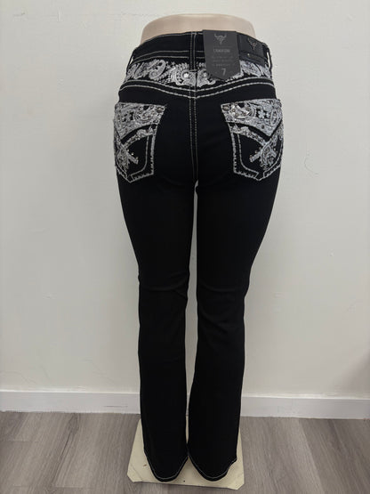 Lamasini Womens Black Silver Scroll Bootcut Jean L763