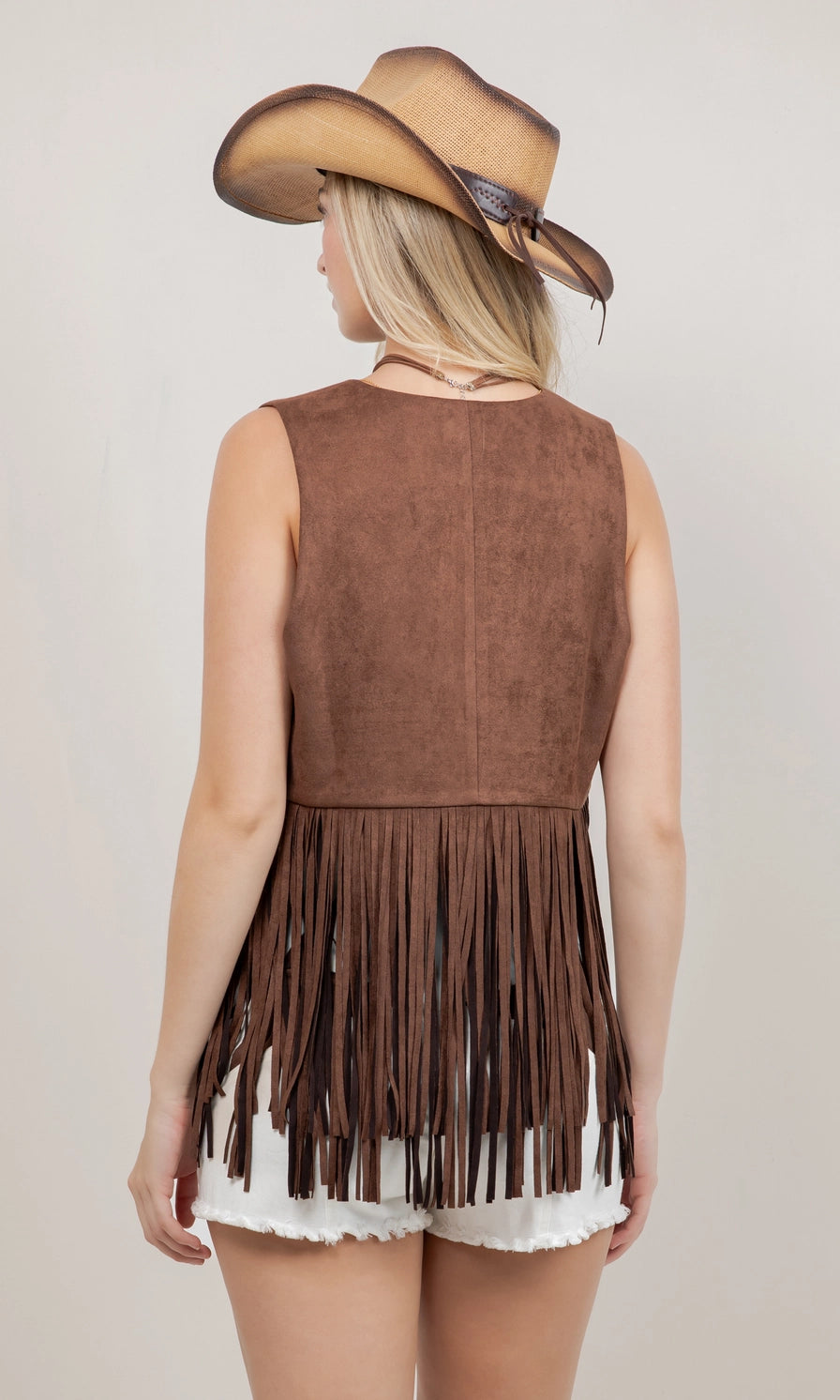 Saints & Hearts Womens Faux Suede Western Fringe Vest - Chocolate