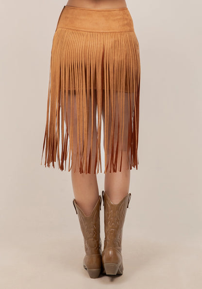 Saints & Hearts Womens Buckle Deatail Fringe Skirt  -Camel