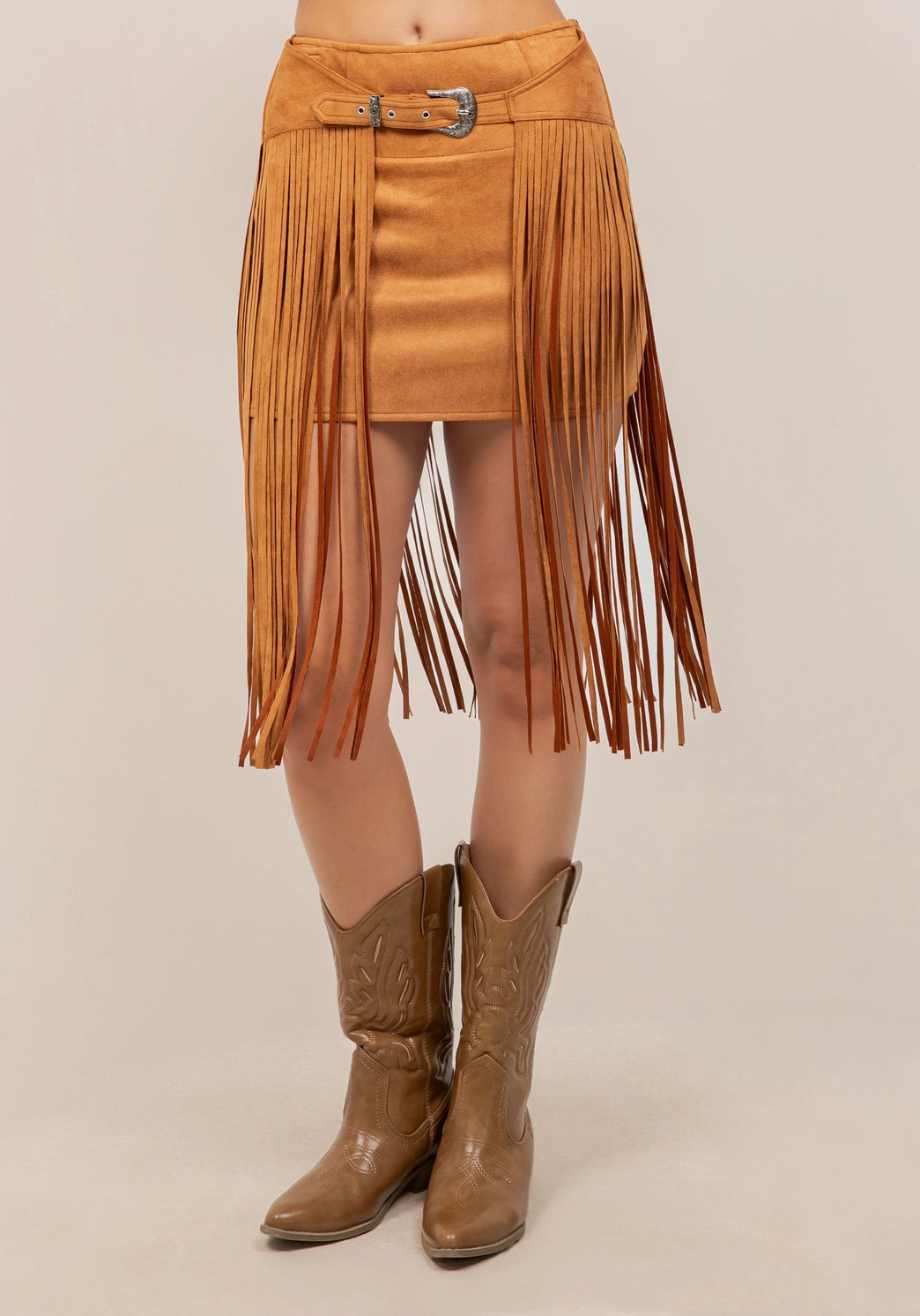 Saints & Hearts Womens Buckle Deatail Fringe Skirt  -Camel