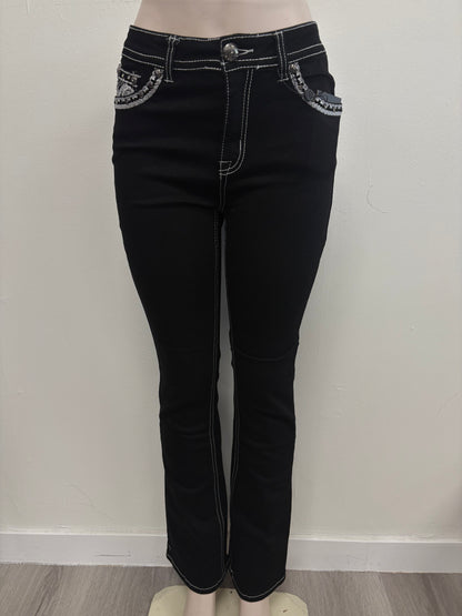 Lamasini Womens Black Silver Scroll Bootcut Jean L763