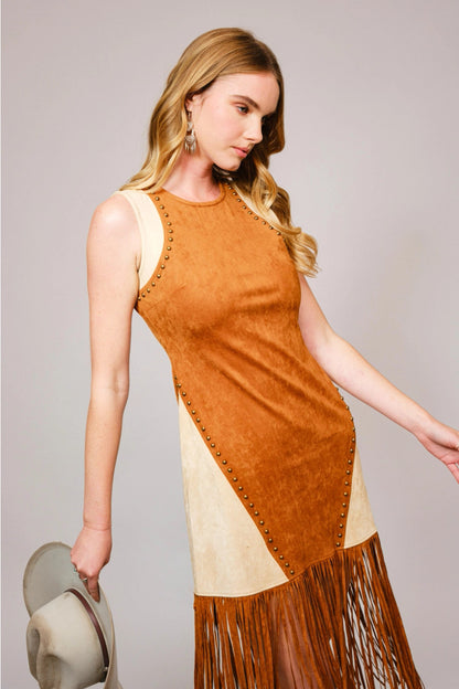 BlueB Womens Two-Tone Faux Suede Fringe Dress