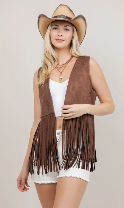 Saints & Hearts Womens Faux Suede Western Fringe Vest - Chocolate