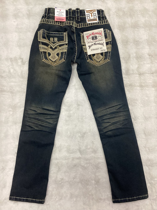Revolution Mens Parrandero Straight Fit Bootcut Embroidered Jeans - Brown