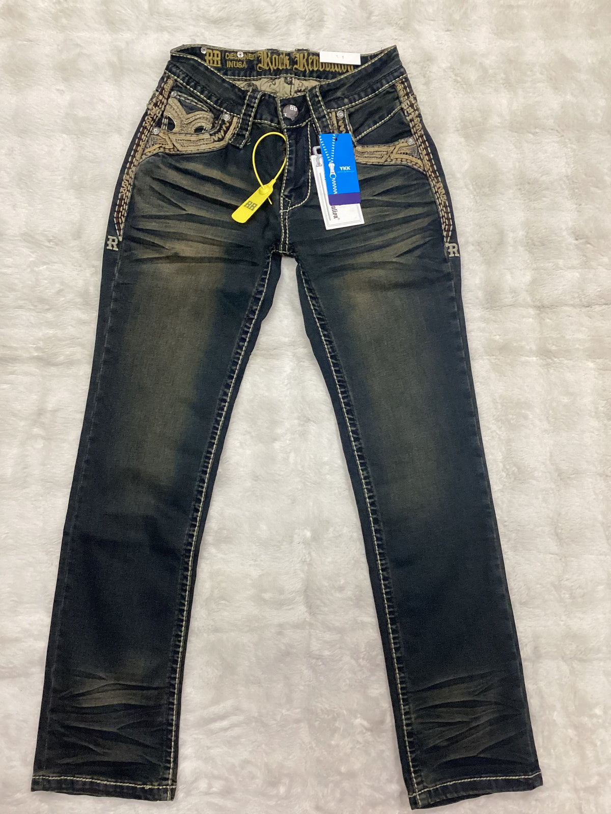 Revolution Mens Parrandero Straight Fit Bootcut Embroidered Jeans - Brown