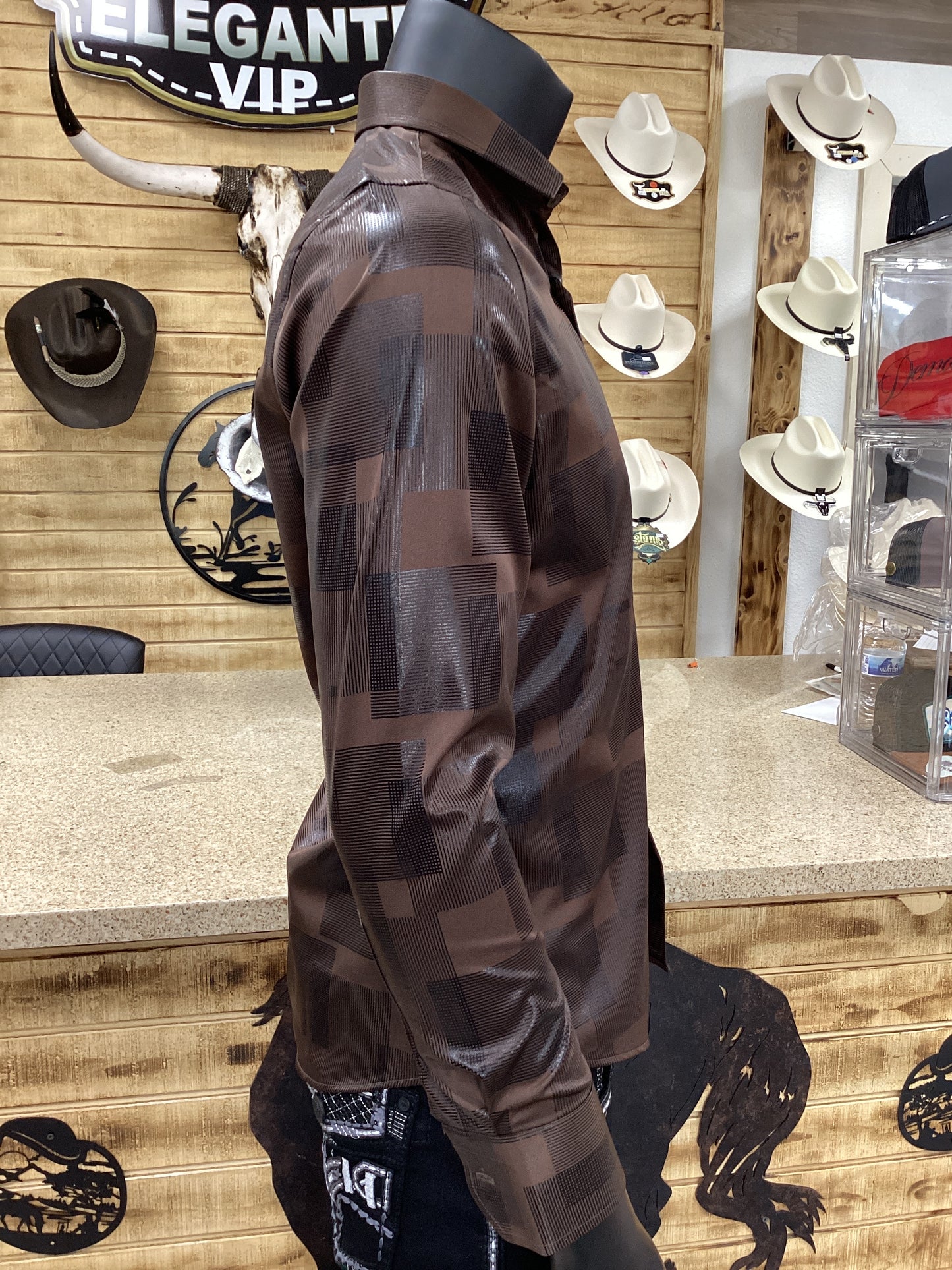 Mens Geomatric Satin Long Sleeve Shirt - Black and Brown