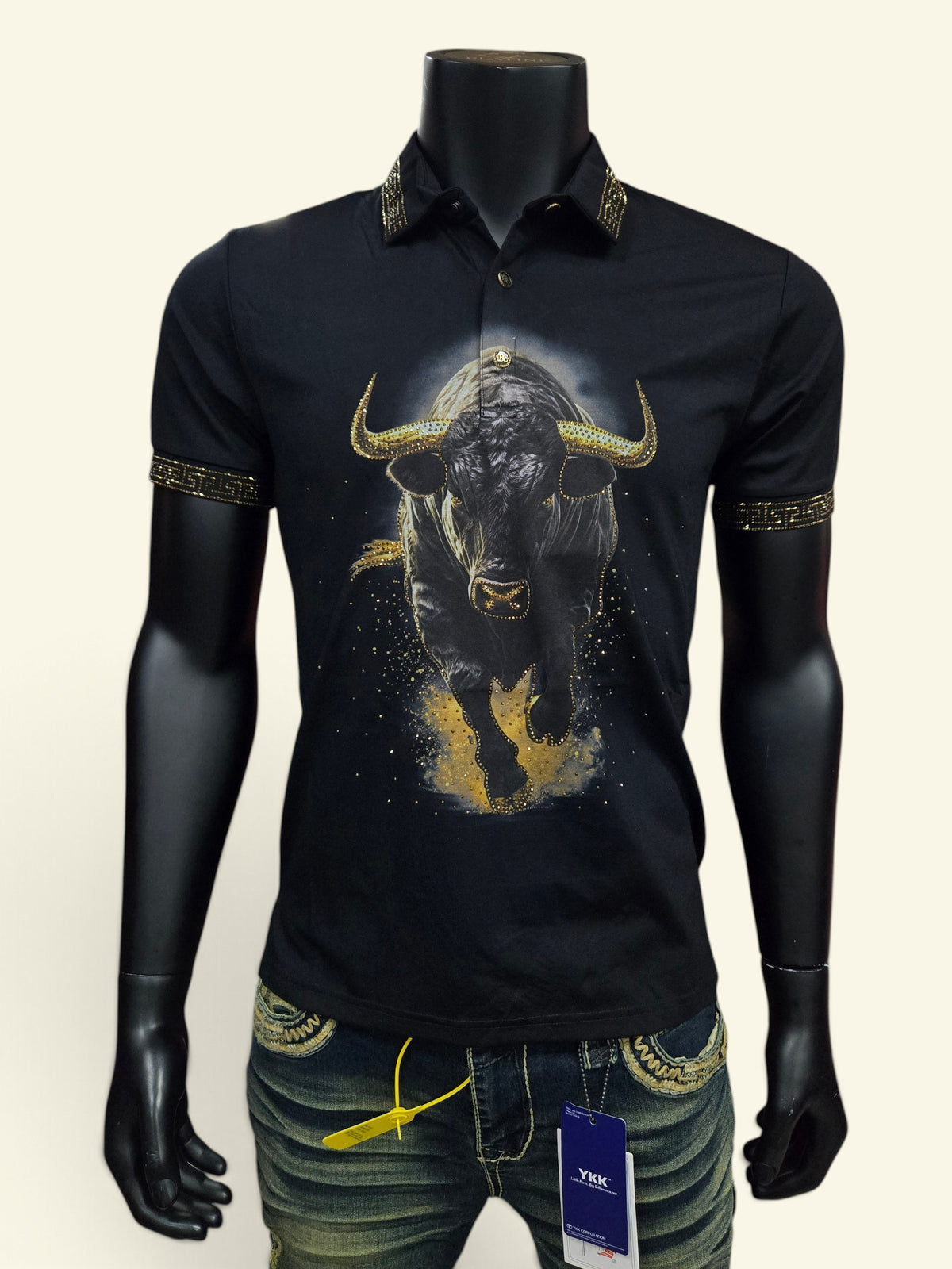Mens Bull Rhinesatone Polo Shirt - Black