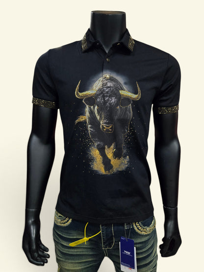 Mens Bull Rhinesatone Polo Shirt - Black