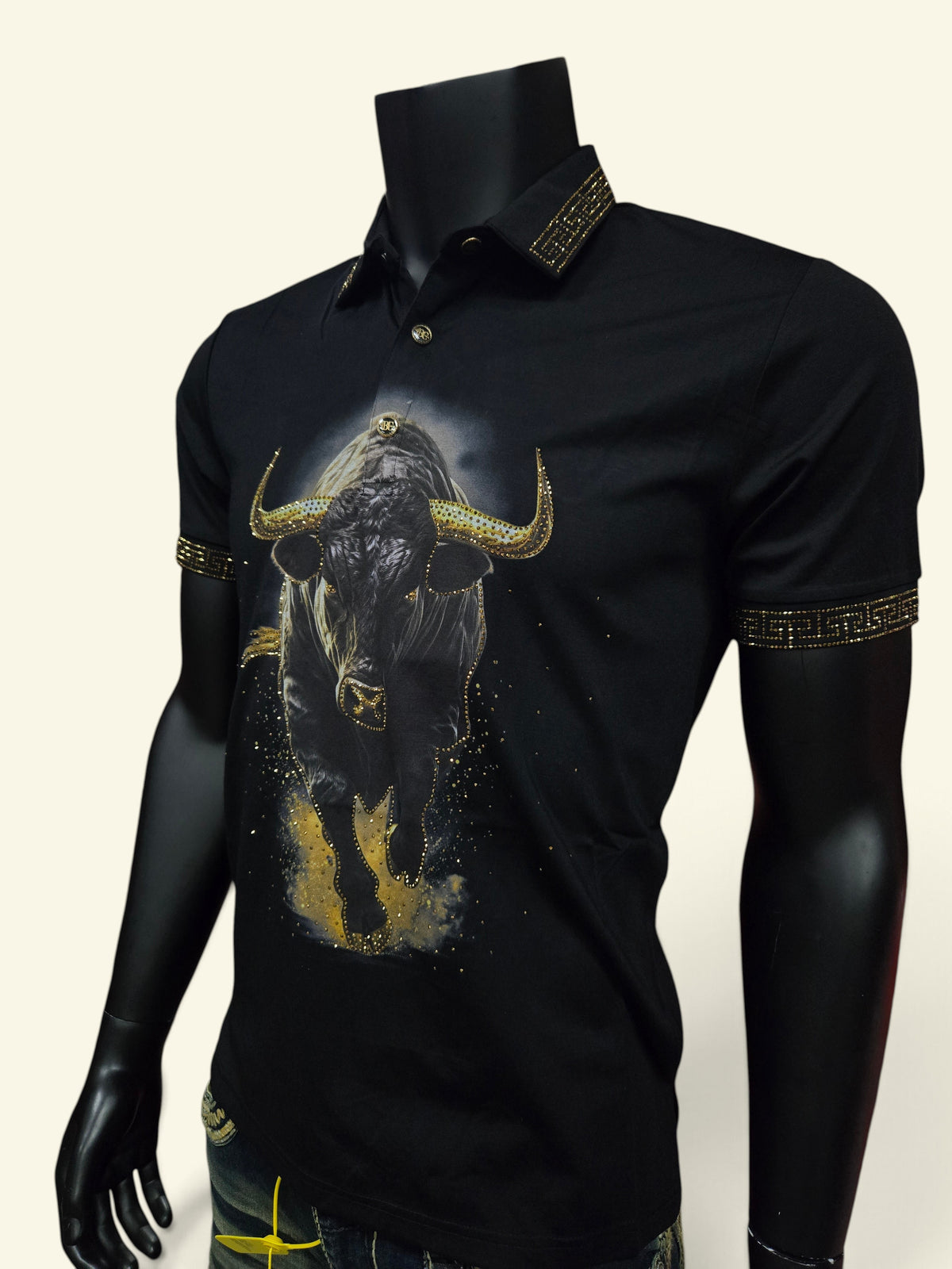 Mens Bull Rhinesatone Polo Shirt - Black