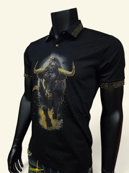Mens Bull Rhinesatone Polo Shirt - Black