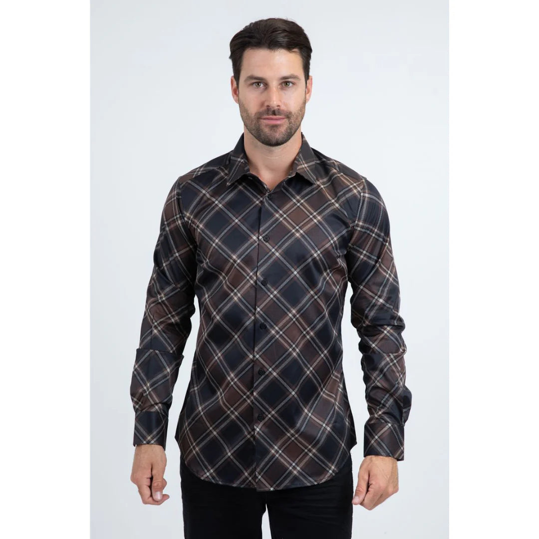 Platini Mens Checkered Modern Fit Shirt -  Black