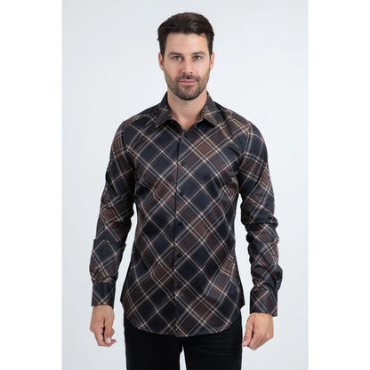 Platini Mens Checkered Modern Fit Shirt -  Black
