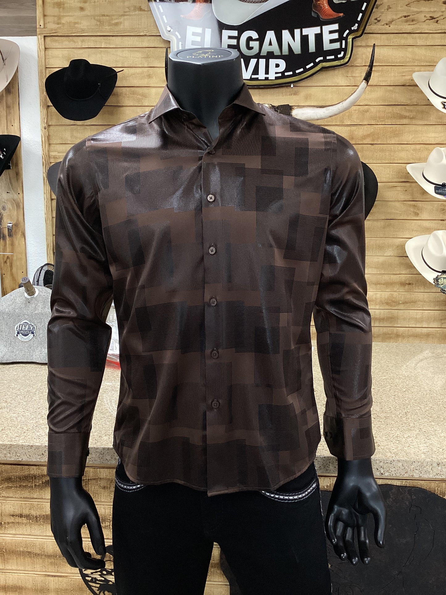 Mens Geomatric Satin Long Sleeve Shirt - Black and Brown