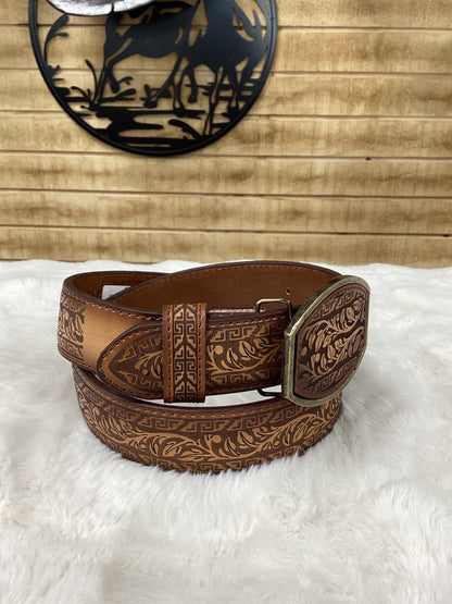 Del Cesar Leaf Engraved Belt - Brown