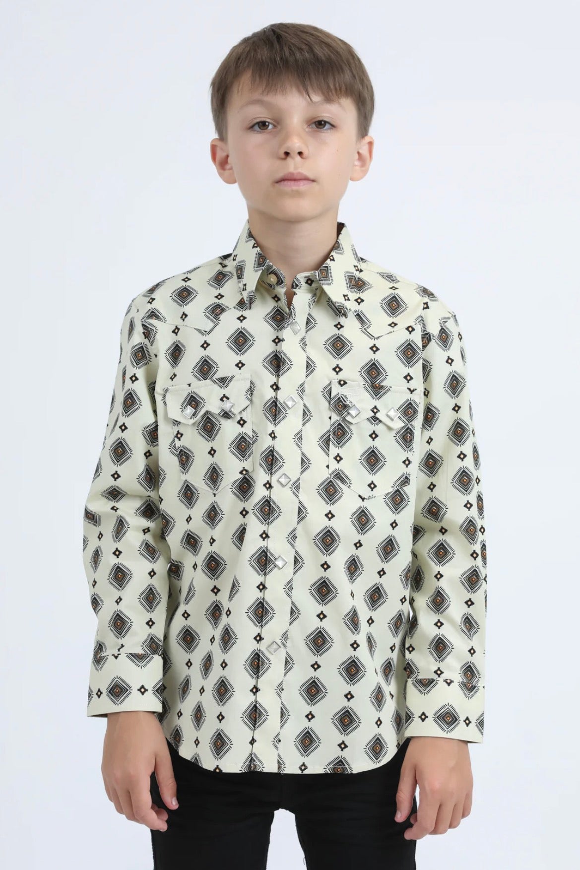 Platini Boys Diamond Print Modern Fit Shirt w/ Diamond Snaps - Black, White