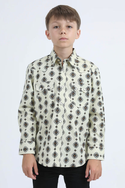 Platini Boys Diamond Print Modern Fit Shirt w/ Diamond Snaps - Black, White