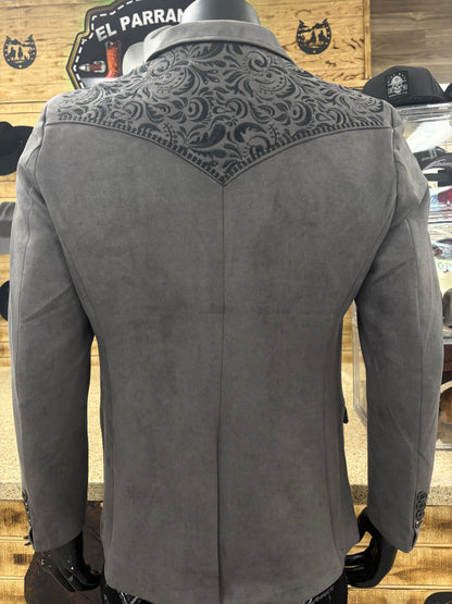 Lamasini Mens Faux Suede Embroidered Coat - Charcoal/Black