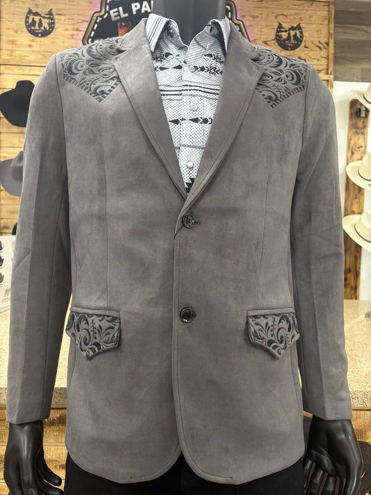 Lamasini Mens Faux Suede Embroidered Coat - Charcoal/Black