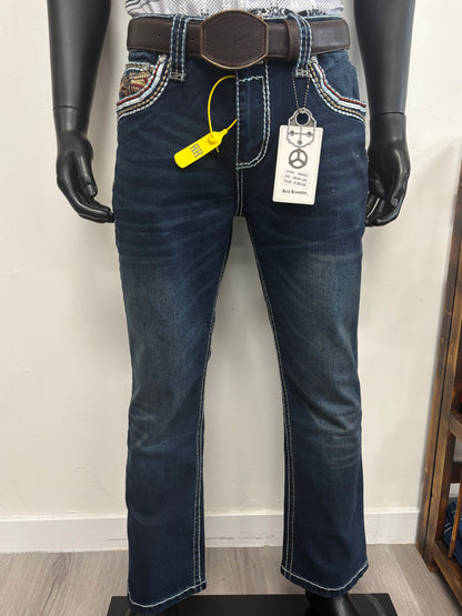 Rock Revolution Mens Designed Straight Jeans - Dark Blue RR001