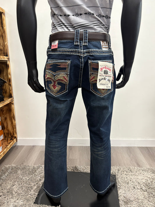 Rock Revolution Mens Designed Straight Jeans - Dark Blue RR001