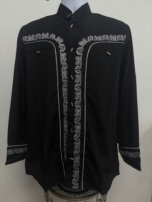 White Diamond Mens Metalic Embroidered Shirt - Black