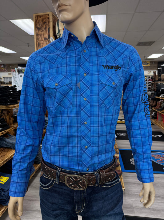 Wrangler Mens Logo Plaid Shirt - Blue