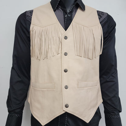 AJ Mens Western Fringe Leather Vest – Beige