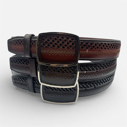 Del Cesar Men’s Heritage Weave Leather Belt – Black, Brown, & Orange
