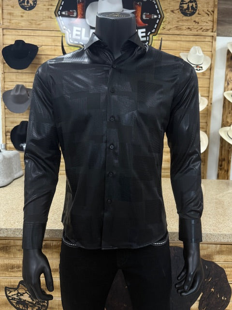 Mens Geomatric Satin Long Sleeve Shirt - Black and Brown
