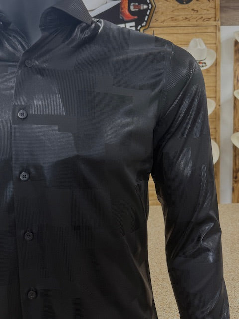Mens Geomatric Satin Long Sleeve Shirt - Black and Brown
