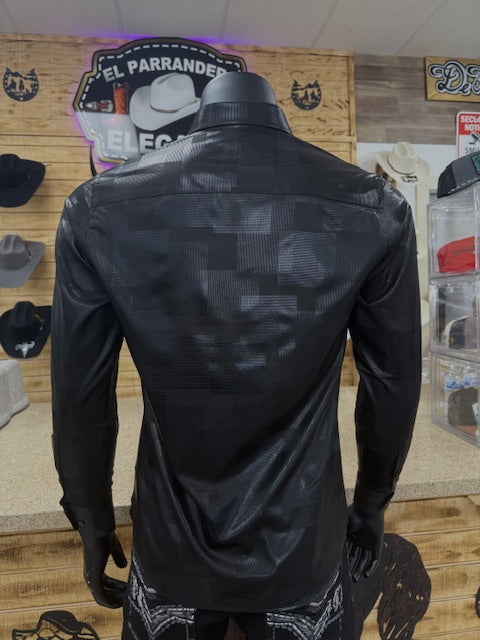 Mens Geomatric Satin Long Sleeve Shirt - Black and Brown