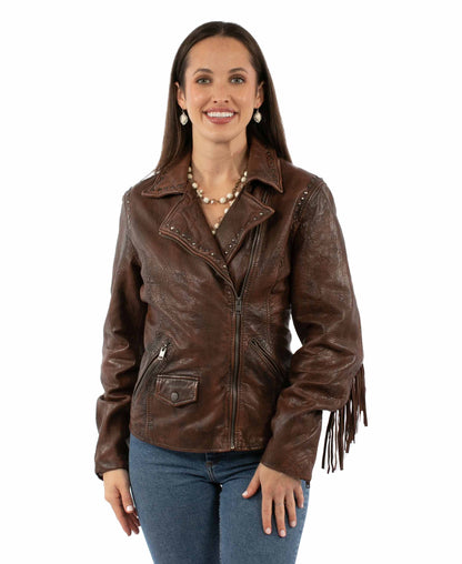 Scully Womens Studded Fringe Leather Jacket - Cognac